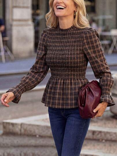 Solivie Camisa de cuadros de primavera para mujer, blusa con cintura ceñida, elegante top de vacaciones estilizador