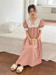SHEIN 青少年女孩碎花V領長袖寬鬆休閒睡裙，度假與居家碎花長袖洋裝 - 粉色 - 查看 4
