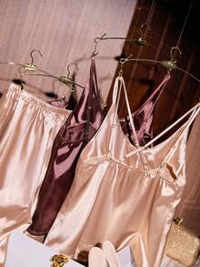 SHEIN 2pcs Set: Criss-Cross Back Spaghetti Strap Faux Silk Camisole Top And Long Pants Pajama Set - Multicolor - View 6