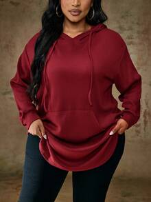 Truni Plus Size Casual Solid Color Drawstring Hooded Sweatshirt, Autumn New Years Women Birthday Women Fall Sweatshirt Winter, For Pear & Triangle Body Shape - Burgundy - View 5