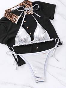 Summer Beach Metallic Bikini Set Triangle Bra & Thong Bottom 2 Piece Bathing Suit - Silver - View 4