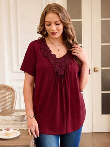 Rosumi Áo Angora tay ngắn viền ren đỏ cỡ lớn, phong cách boho thường ngày, thanh lịch, thích hợp mặc mùa hè, công sở, xuân cho nữ, họa tiết hoa, đi nghỉ mát. - Màu Đỏ Sâu - Xem 5