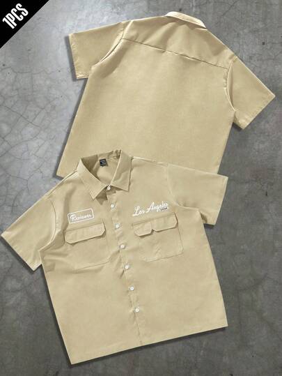 PAVTROS 男士大码休闲宽松工装口袋衬衫，纽扣前襟方正短袖衬衫，多口袋设计，都市休闲风格，百搭实用，都市潮流，日常休闲，时尚百搭，节日礼物，男友礼物