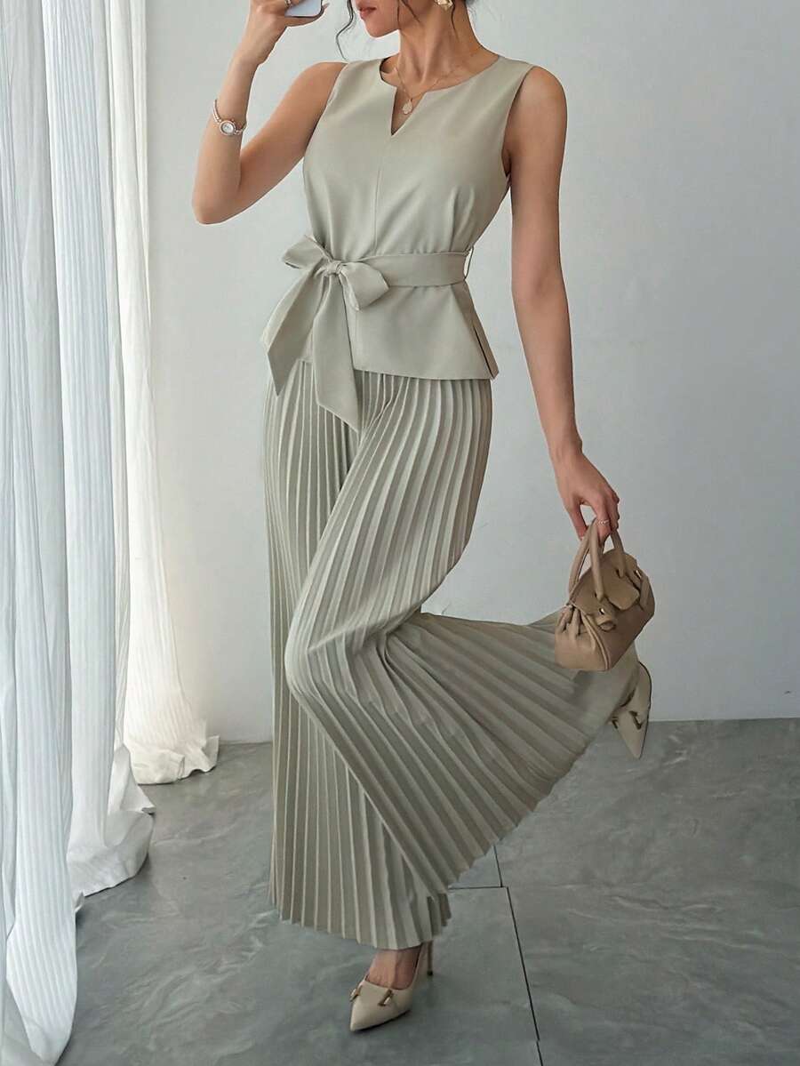 DAZY 女士优雅纯色系带吊带背心和阔腿裤两件套，夏季婚礼宾客礼服 - 綠色 - 查看 1