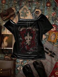 Attitoon 休闲复古朋克 Y2K 百搭派对机场装，做旧花卉英式印花图案，舒适女式撞色二合一不对称肩带条纹修身短袖T恤，颓废风格，适合秋冬季穿着 - 彩色 - 查看 7