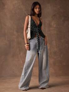 SHEIN BAE 女士浪漫度假性感复古波点荷叶边系带V领露背吊带背心，适合假日约会、下午茶、海滩、邮轮、城市度假、婚礼季、音乐节、波西米亚风度假 - 黑色 - 查看 5