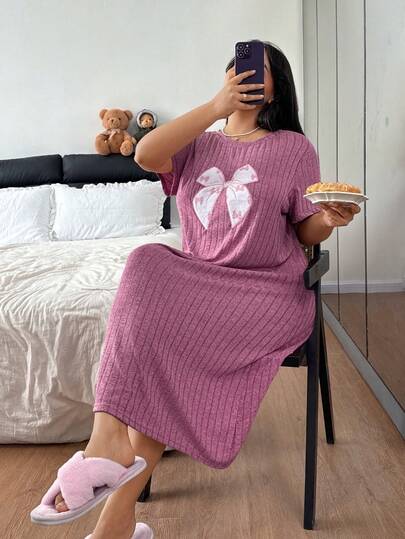 Dream Adore Plus Size Knitted Ribbed Bow Embroidered Floral Round Neck Short Sleeve Casual Long Nightgown
