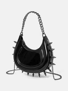 ROMWE Grunge Punk 1pc Women's Punk Studded Spike Handbag Chain Shoulder Crossbody Jelly Bag - Black c - View 2