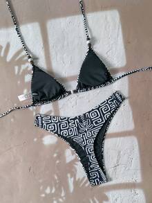 Swim Chiccia Women's All-Over Print Beaded Halter Neck Bikini Set Boho Bikini Set High Cut Bikini Pattern Bikini Triangl Bikini - Multicolor - View 7