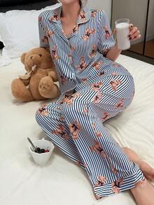 SHEIN Napfluff Women's Casual Loose Striped Bear Print Lapel Short Sleeve Pajama Set - Blue - View 6