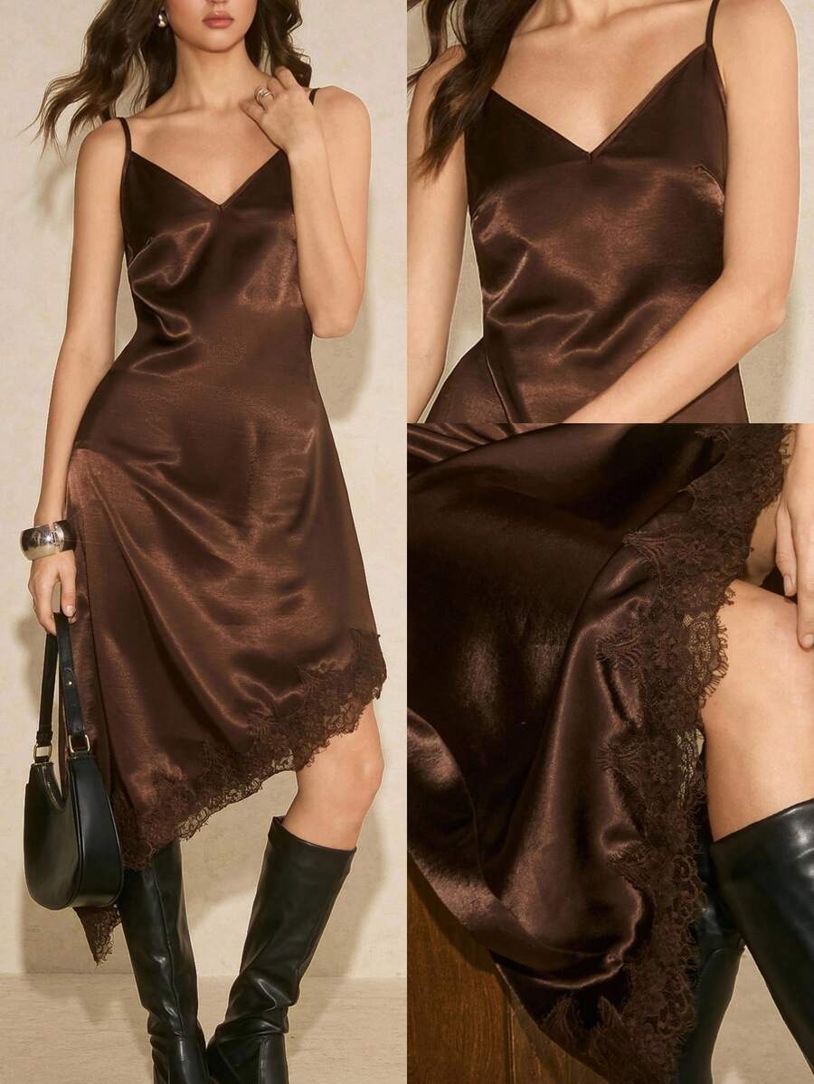 Poéselle Váy yếm ren tương phản viền bất đối xứng dành cho nữ, mùa hè - màu nâu - Xem 1