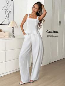 Easowa 女士纯色吊带背心和阔腿裤休闲两件套情人节服装纯白色背心连衣裙休闲宽松复古风服装白色亚麻裤套装奶油色两件套亚麻两件套套装夏季棉质两件套春季服装，休闲服饰 - 白色 - 查看 3