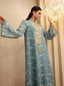 Layrah Elegantes Kleid mit Blumenstickerei und Glockenärmeln, Frühling/Sommer - Taubenblau - Übersicht 4