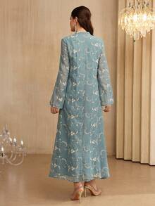 Layrah Elegantes Kleid mit Blumenstickerei und Glockenärmeln, Frühling/Sommer - Taubenblau - Übersicht 8