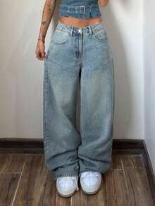 StreetHx Y2K 时尚休闲复古街头风低腰阔腿牛仔裤 - 中等水洗藍 - 查看 5