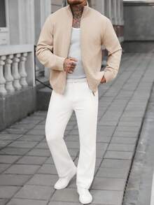Manfinity Homme 男士休闲日常通勤简约纯色高领拉链开衫，秋冬男士针织开衫上衣套头衫，男士针织衫，男士羊绒针织开衫，非常适合情侣穿着，也是送给男友或丈夫的绝佳礼物。男士拉链毛衣奶油色套装，男士米色套装，男士毛衣外套。 - 彩色 - 查看 3