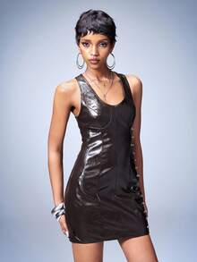 Y2Kool Women's Dark Brown Sexy Spicy Girl Studded Fashion Sleeveless Leather Princess Mini Dress, Summer Style Metallic Dresses For Women Latex Dress - Coffee Brown - View 4