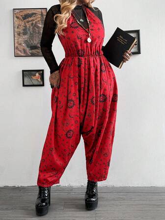 Whyspr 大码女式复古欧式暗黑森林女巫哥特朋克印花灯笼袖哈伦连体裤，吊带连体裤，印花连体裤，朋克连体裤，哥特连体裤，适合春季、夏季及所有季节