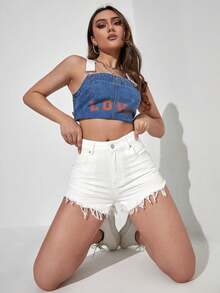 Rivivi 大码女式破洞牛仔短裤，休闲修身无弹力牛仔套装 - 白色 - 查看 4