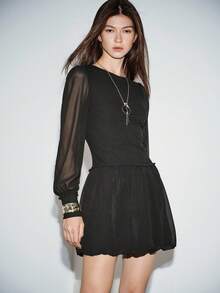 Chiquease Women's Spring/Summer Fashion Round Neck Knit Patchwork Chiffon Sheer Long Sleeve Balloon Sleeve Dress Sheer Dress Women Black Mesh Dress Drop Waist Dress Black Sheer Dress - Black - View 3