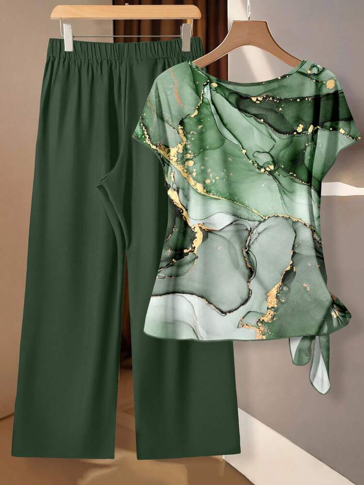SHEIN Clasi Conjunto de dos piezas de camisa de mujer con estampado floral abstracto de falso foil verde en estilo minimalista casual y pantalones rectos sueltos, adecuado para otoño/invierno, con aspecto vintage - Multicolor - Añade 2