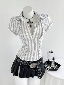 Elamini Women's Striped Short Sleeve Fitted Front Button Ruffle Hem Blouse, Summer - White - View 4