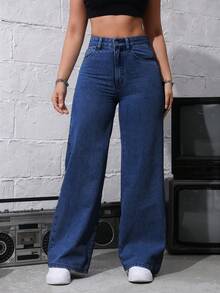 SHEIN Tall Women's Solid Color Slant Pocket Casual Straight-Leg Jeans - Dark Wash - View 4