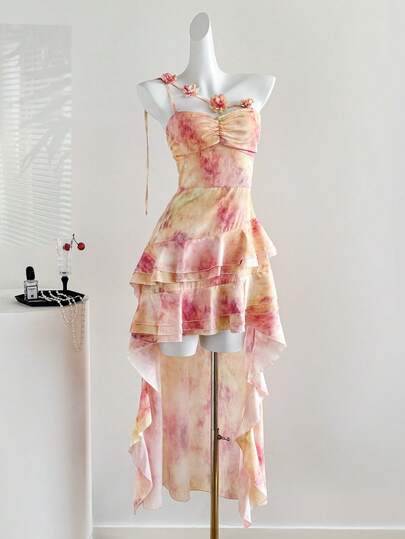 Sweetra 女士扎染面料性感简约浪漫不对称荷叶边下摆短前长后夏季度假连衣裙