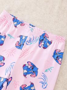 2 件套少女可爱蓝色图案和粉色圆领长袖上衣和紧身裤睡衣套装，柔软有弹性的针织面料 - 彩色 - 查看 6