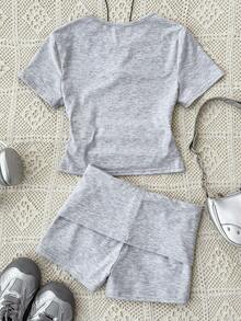 少女两件套针织休闲纯灰色BM风格圆领套头毛衣+灰色短裤套装，基础款、休闲、运动风，适合夏季 - 淺灰色 - 查看 2