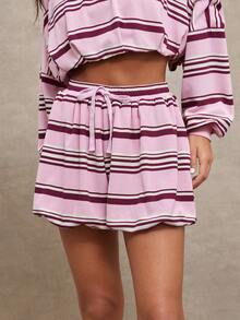 WESTFADE 高腰抽绳条纹华夫格针织泡泡边短裤 - 粉色 - 查看 2