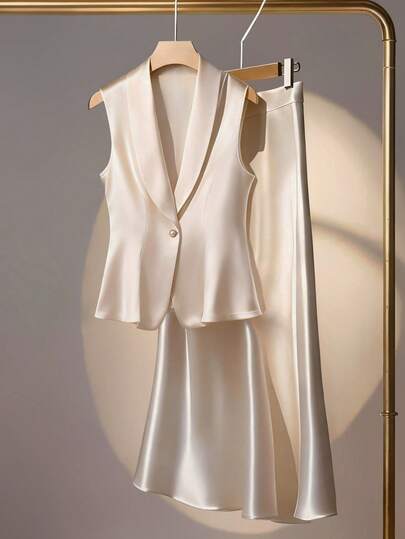 GlowEve CURVE Plus Size Women's Hot-Selling Satin Shiny Suit Set, Featuring Mandarin Collar Elegant & Soft-Fitted Vest Jacket + Fishtail Skirt, Versatile For Commuting, Outings, Parties, Galas, Clubs, Chic & Minimalist 2-Piece Design