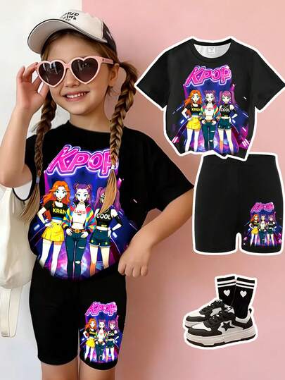 Spring And Summer Young Girls Casual Fashion Creative Personalized Refreshing Cute Simple Cool Virtual Girl Group Character Black Background Neon Light Star Graphic Letter Slogan Print Casual Basic Short T-Shirt + Bike Shorts Set, Comfortable Cozy Summer And Fall Styles Suitable For Girls Daily Sports And Outings Kids Kpop Outfit 3 Pcs Set Girls Cool Kpop Concert Outfits Kids Kids Clothes Girls Y2k