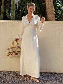 Livesso 女士高领收腰条纹中长连衣裙 - 米色 - 查看 5