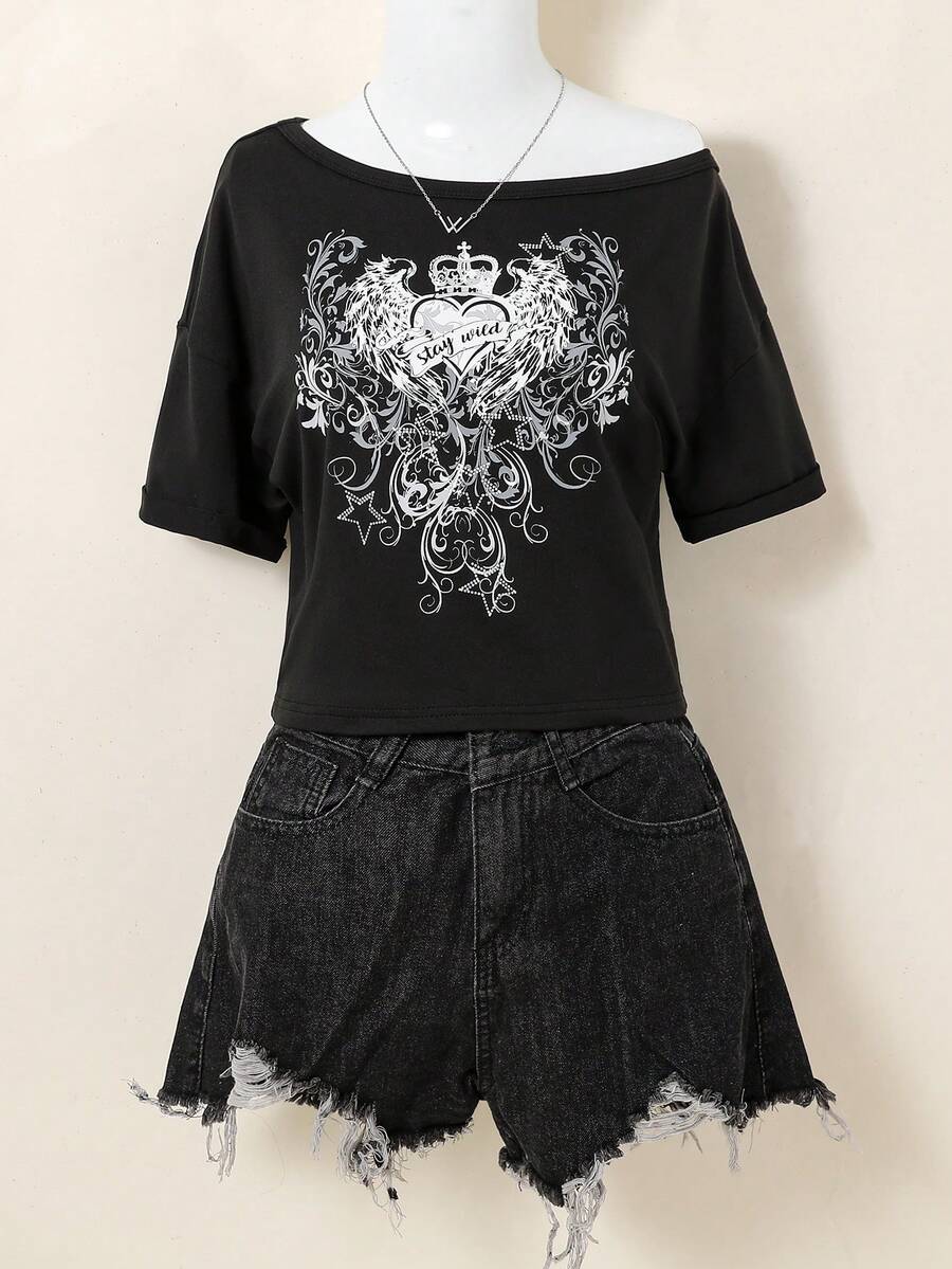 SHEIN Tween Girls Graphic Tee, Casual Loose Dark Personalized Cool Style Black Tops, Heart Wing Print Loose Short T-Shirt, Squishy Suitable For Summer Back To School Season, Daily Wear And Tops - Black - View 1
