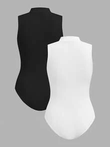 SHEIN EZwear Bộ áo liền thân dệt kim 2 mảnh màu đen trắng dành cho nữ - Nhiều màu - Xem 3