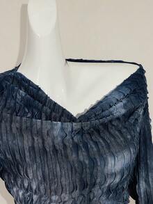 SHEIN ICON Áo thun nữ mùa thu phong cách phương Tây, boho cổ điển, gothic, trễ vai, in họa tiết tie-dye, vạt bất đối xứng, tay dài, tay loe. - Màu xanh lam - Xem 7