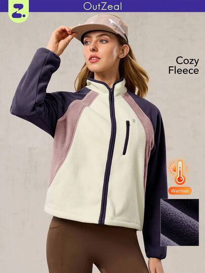 OutZeal Conjunto de ropa de invierno para mujer con diseño de bloques de color, cuello alto, bolsillo con cremallera, forro polar, para actividades al aire libre como camping y senderismo
