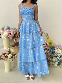 SHEIN Raffinéa Đầm dài hai dây, xếp tầng, họa tiết hoa, dành cho nữ, thích hợp cho kỳ nghỉ hè. - Nhiều màu - Xem 3