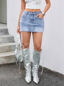 Jeanoix Women's Fashionable Casual Versatile Y2K Style Short Denim Mini Skirt - Light Wash - View 5