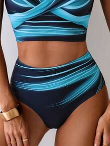 Swim Lushoire 1件装女士比基尼泳裤，欧美风格渐变印花高腰比基尼泳裤，适合夏季海滩穿着 - 彩色 - 查看 4