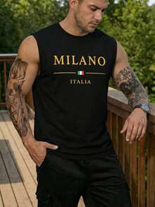 Manfinity Homme Men's Letter & National Flag Print Black Round Neck Tank Top - Black - View 5