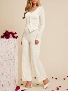 Amorya 女士优雅新款针织提花收腰上衣和裤子两件套 情人节套装 女士优雅裤装套装 女士两件套服装 女士裤装两件套 奶油色两件套 春假服装 奶油色上衣 奶油色套装 女士白色开衫 开衫嘉年华服装 女士适合春夏嘉年华的白色套装 女士两件套休闲套装 女士裤装夏季套装 婚礼裤装 - 杏色 - 查看 3