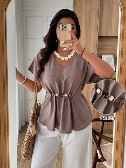 Weeklong Plus Size Women's V-Neck Sleeveless Beaded Decor Pleated Tie-Up Casual Shirt Dress, Spring/Summer