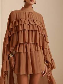 SHEIN Veneréa 女士优雅纯色雪纺层叠荷叶边裙 - 棕色 - 查看 5