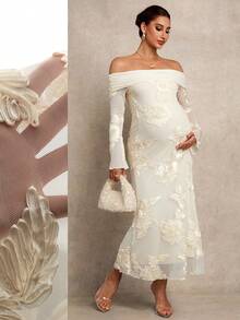 MaterniChic Elegant Off Shoulder Long Maternity Dress For Party Valentines Day Dress Elegant Dresses For Party Birthday Dress - Apricot - View 1