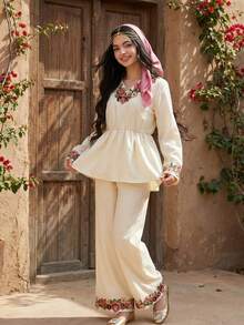 Teen GirlElegant Floral V-Neck Blouse And Pants Holiday Outfit Set - Apricot - View 3
