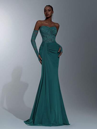 Elitara Elegant Green Romantic Lace Patchwork High-Stretch Knit Mesh Off-Shoulder Dress, Detachable Sheer Long Sleeves, Waist Cutout Design, Pleated Ruffle Asymmetric Hem, Suitable For Dates, Vacations, Singles Parties, Weddings, All Formal Occasions, Evening Gowns