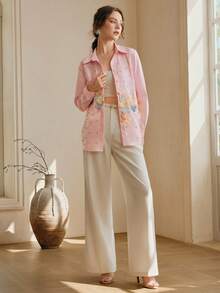 Anewsta Women's New Spring/Summer Long Sleeve Pink Embroidered Rhinestone Butterfly Elegant Luxurious Blouse, Refined Shirt - Pink - View 4