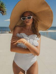 SHEIN Swim Summer Beach Ruffle Trim Tube One Piece Swimsuit With Straps - White - View 5